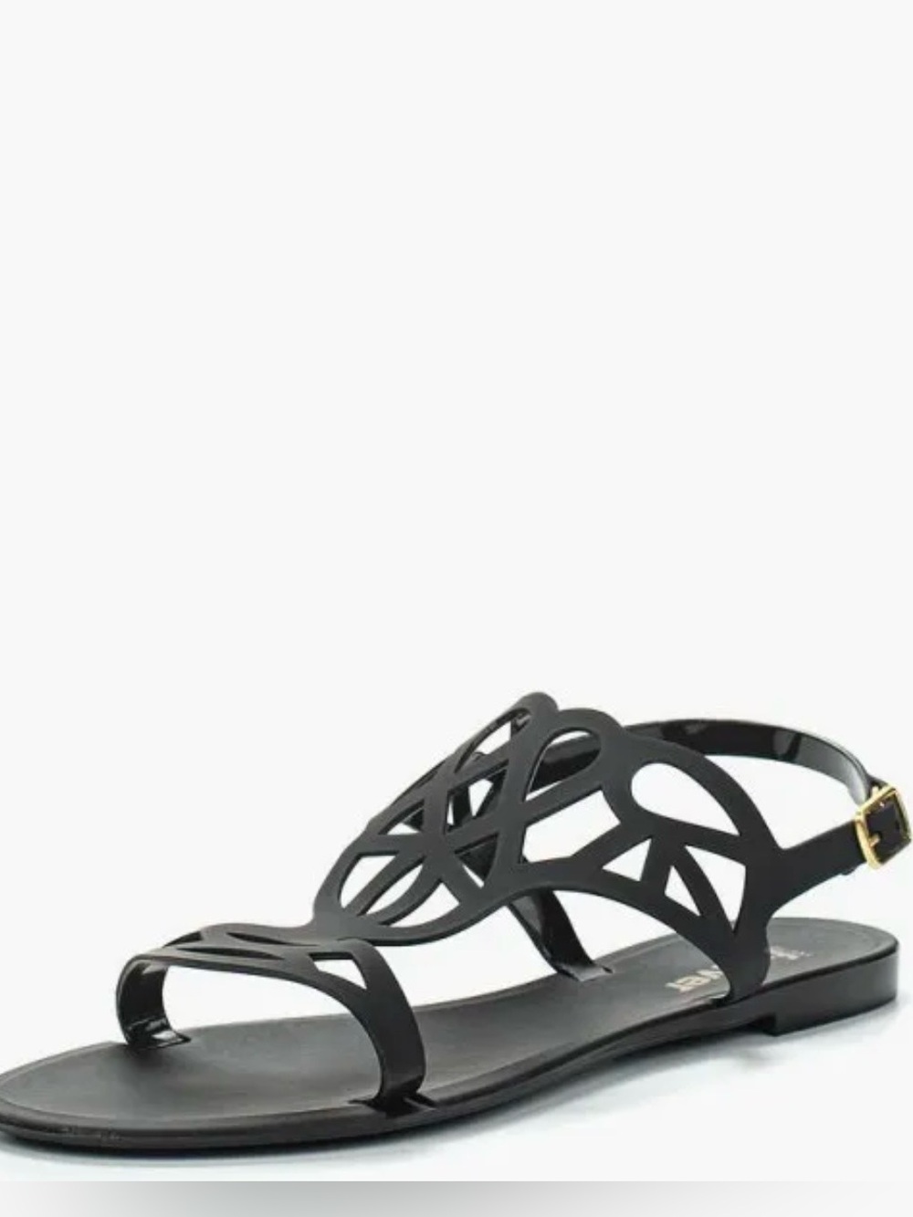 Women's Black Laser-Cut Flat Sandals with Ankle Buckle